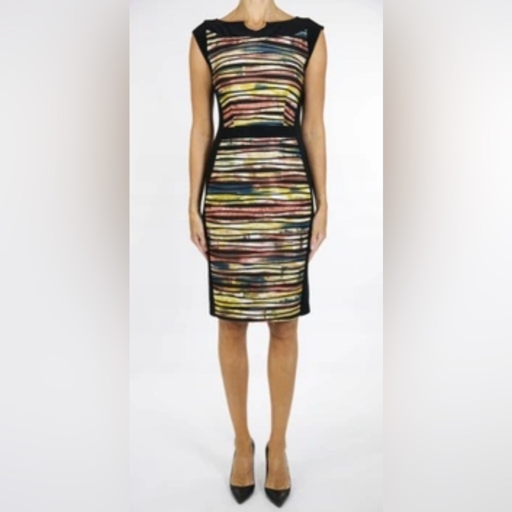 Joseph Ribkoff Black and Multicolor Striped Mid Length Dress with gold details